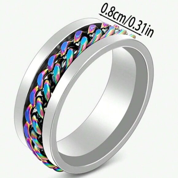 Fidget Ring with Iridescent Chain Inset Silver Stainless - Steel Spinner… - Picture 3 of 4